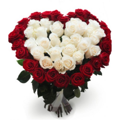 Сердце из 51 красной и белой голландской розы 
